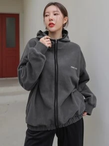 DAZY Letter Embroidery Zip Up Drop Shoulder Hooded Fleece Jacket - Dark Grey - View 8