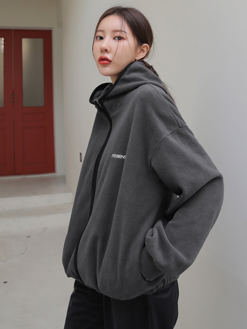 Letter Embroidery Zip Up Drop Shoulder Hooded Fleece Jacket