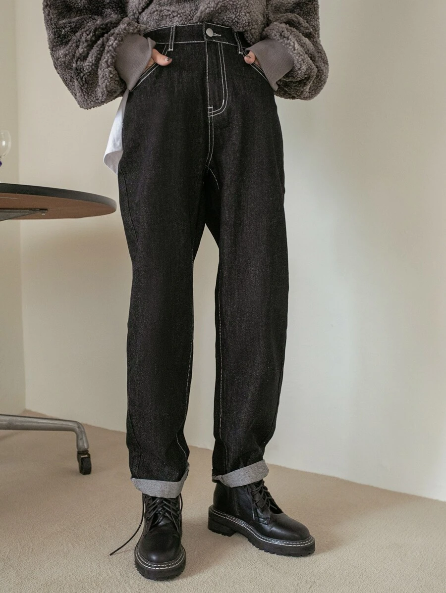 DAZY 斜口袋拼接直筒牛仔褲