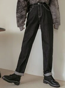 DAZY 斜口袋拼接直筒牛仔褲