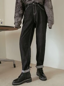 DAZY 斜口袋拼接直筒牛仔褲