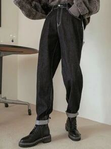 DAZY 斜口袋拼接直筒牛仔褲