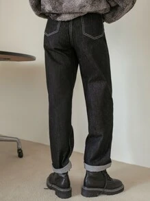 DAZY 斜口袋拼接直筒牛仔褲