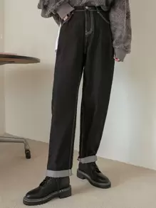 DAZY 斜口袋拼接直筒牛仔褲