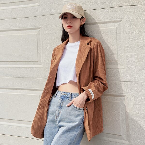 

Corduroy Patched Detail Lapel Neck Pocket Front Blazer, Brown