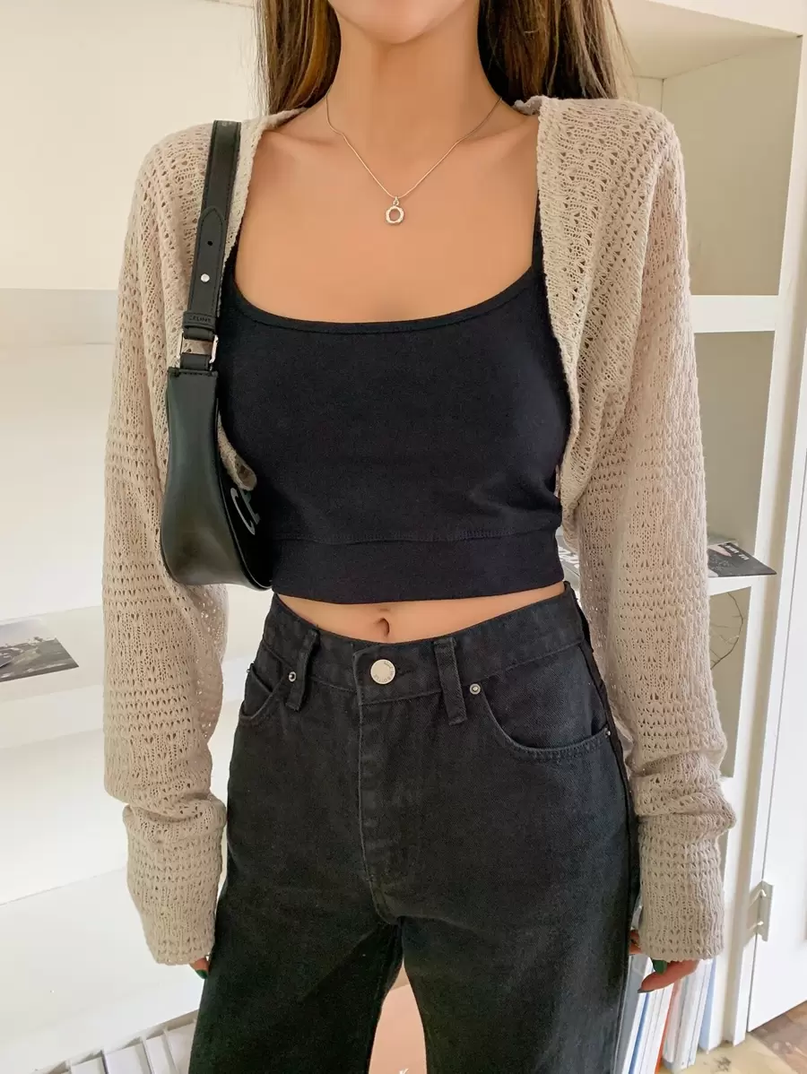 DAZY Pointelle Knit Open Front Crop Cardigan,Fall Clothes - Apricot - View 1