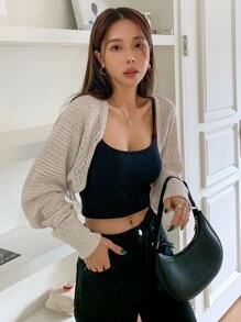 DAZY Pointelle Knit Open Front Crop Cardigan,Fall Clothes - Apricot - View 2