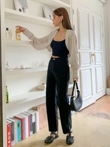 DAZY Pointelle Knit Open Front Crop Cardigan,Fall Clothes - Apricot - View 3