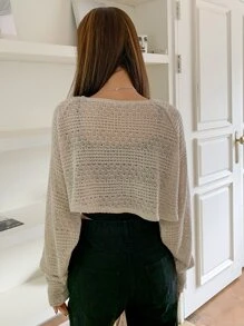 DAZY Pointelle Knit Open Front Crop Cardigan,Fall Clothes - Apricot - View 5