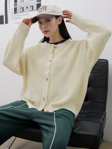 DAZY Cárdigan unicolor de hombros caídos - Beis - Ver 5