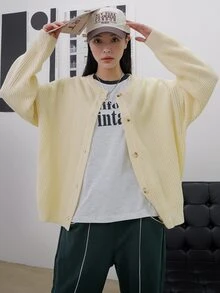 DAZY Cárdigan unicolor de hombros caídos - Beis - Ver 8