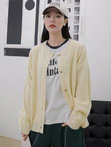 DAZY Cárdigan unicolor de hombros caídos - Beis - Ver 4