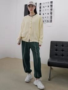 DAZY Cárdigan unicolor de hombros caídos - Beis - Ver 6