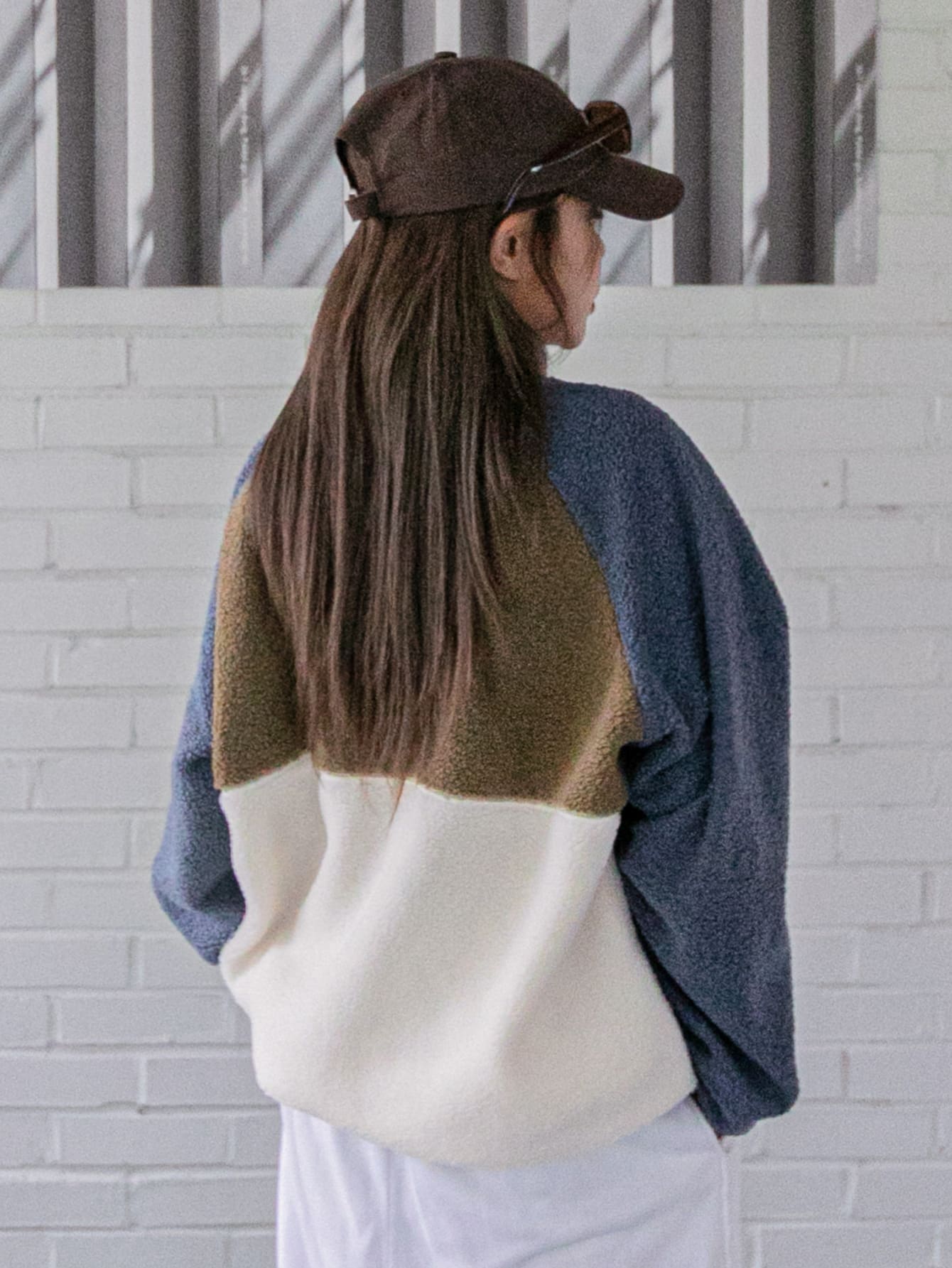 Color Block Drawstring Hem Raglan Sleeve Teddy Pullover