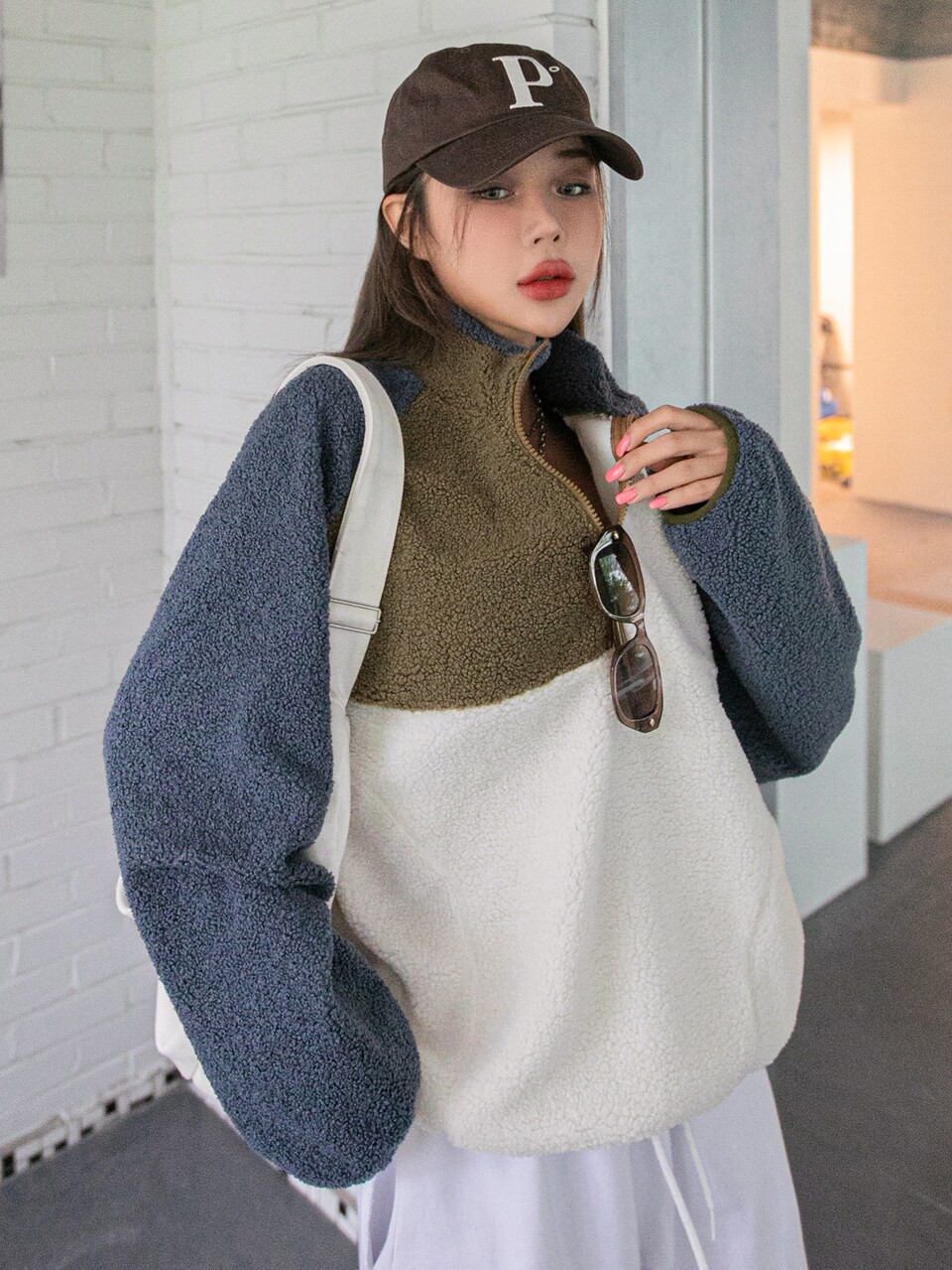 Color Block Drawstring Hem Raglan Sleeve Teddy Pullover