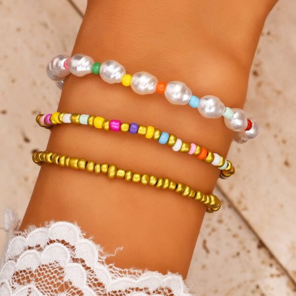 

3pcs Beaded Bracelet, Multicolor