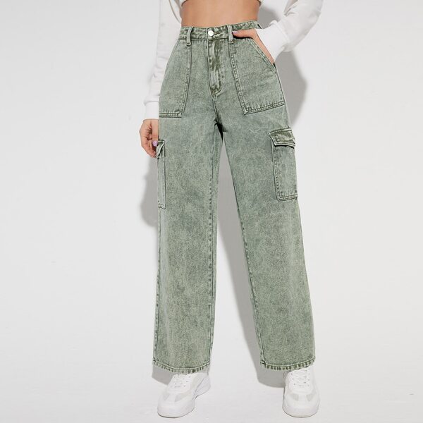 

High Waist Washed Cargo Jeans, Olive green