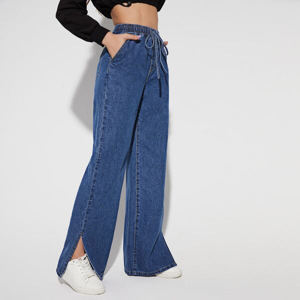 

High Waist Slit Hem Drawstring Wide Leg Jeans, Medium wash