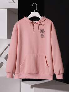 tacikworks Capucha de hombros caídos con diseño con cordón con estampado de árbol - Rosa Pálido - Ver 5