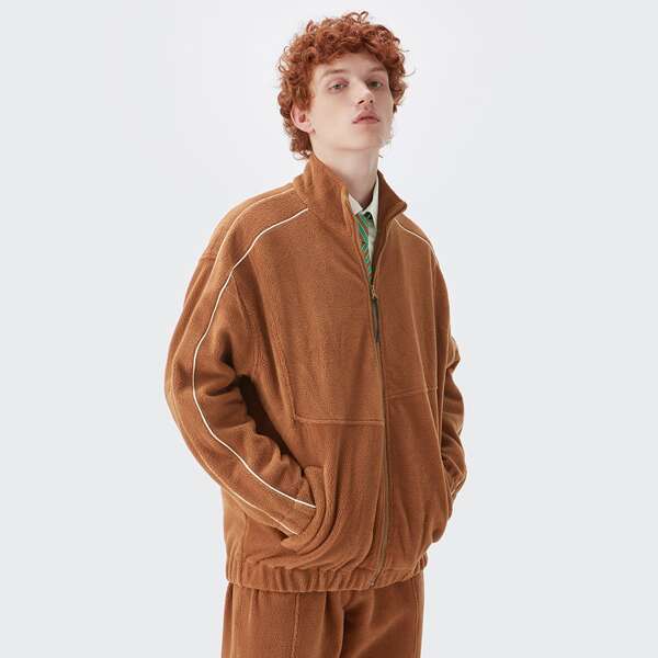 

Men Contrast Tipping Zip Up Jacket, Camel