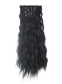 Extensiones de cabello de 22 pulgadas con rizo y multicolor con 16 clips en 6 piezas, estilo peluca - Negro - Ver 2