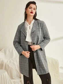 SHEIN Franclia Plus Plaid Button Through Coat - Grey - View 1