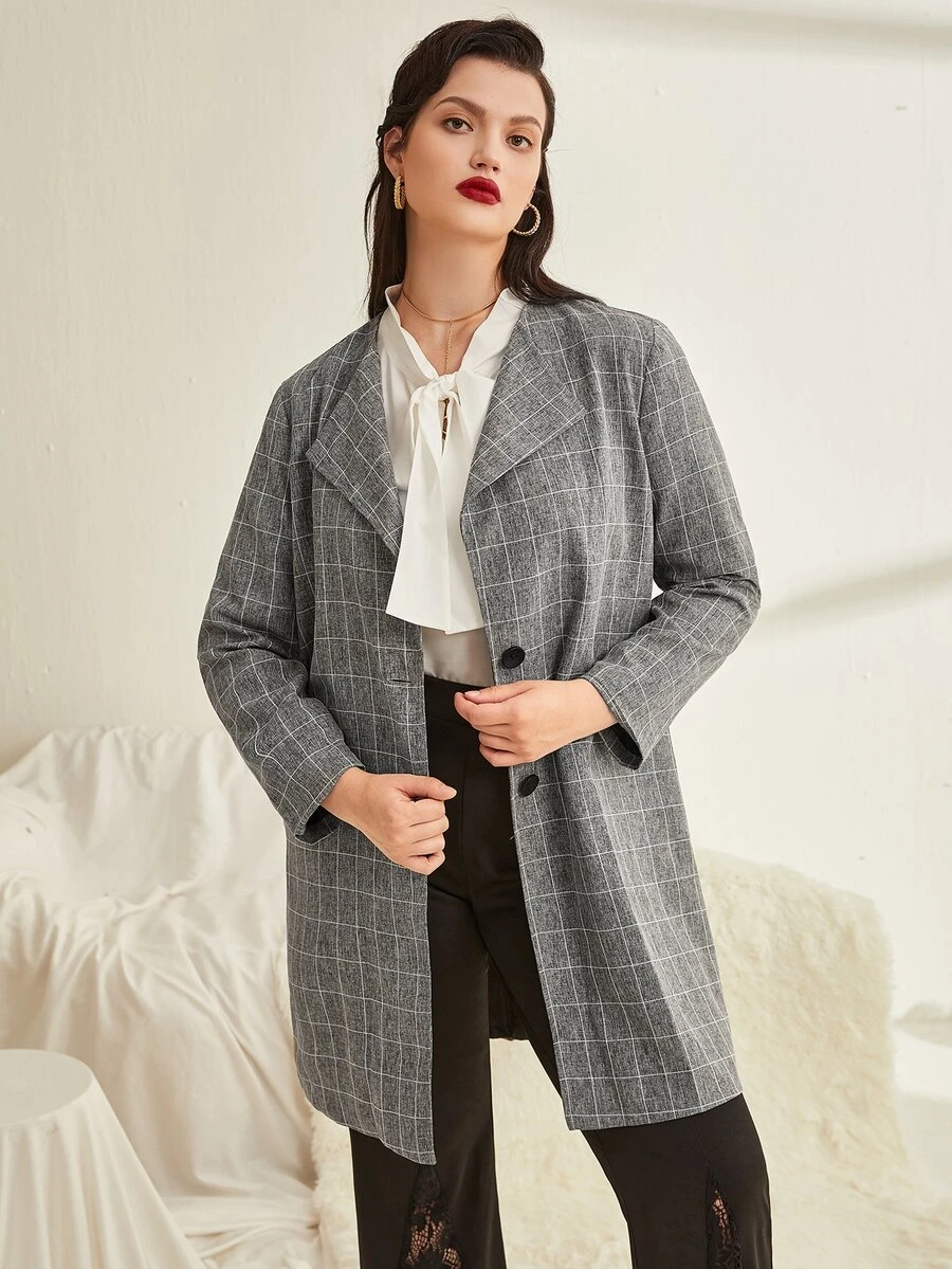 SHEIN Franclia Plus Plaid Button Through Coat - Grey - View 1