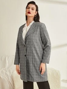 SHEIN Franclia Plus Plaid Button Through Coat - Grey - View 5