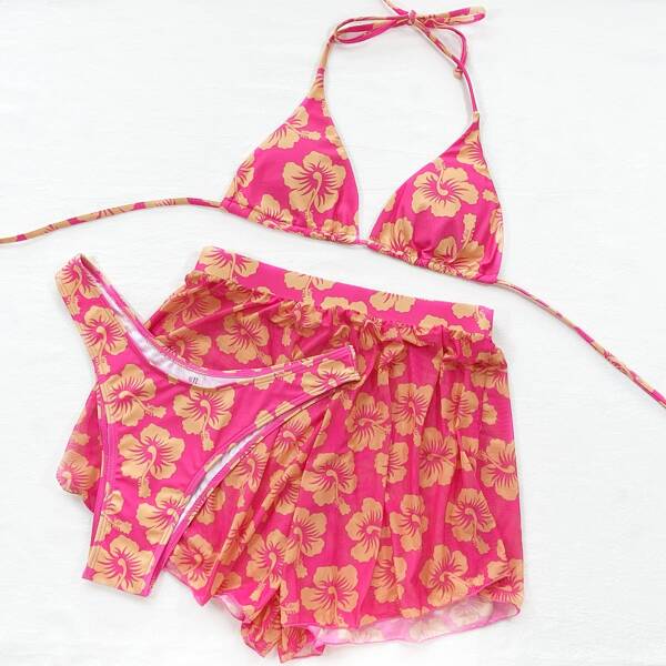 

3pack Floral Print Halter Bikini Swimsuit & Beach Skirt, Multicolor
