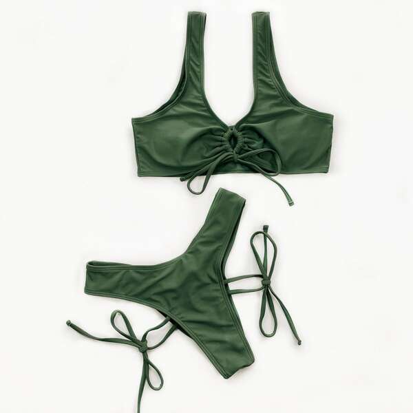 

Drawstring Front Ruched Bikini Swimsuit, Army green