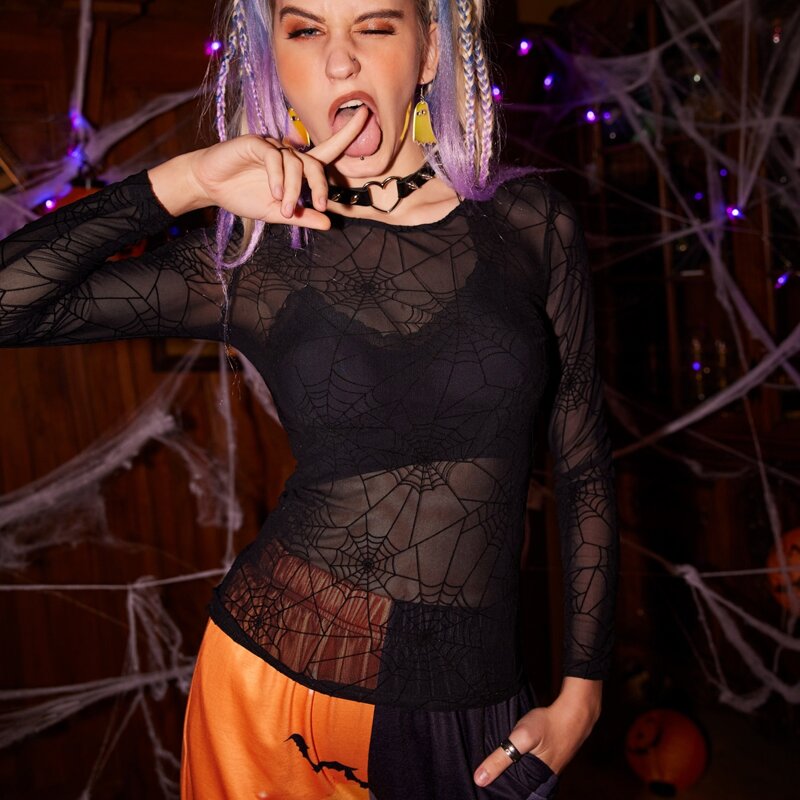 

Spider Web Sheer Mesh Top Without Bra, Black