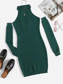 SHEIN Unity Backless Halter Jumper Dress With Arm Sleeve - Dark Green - View 1