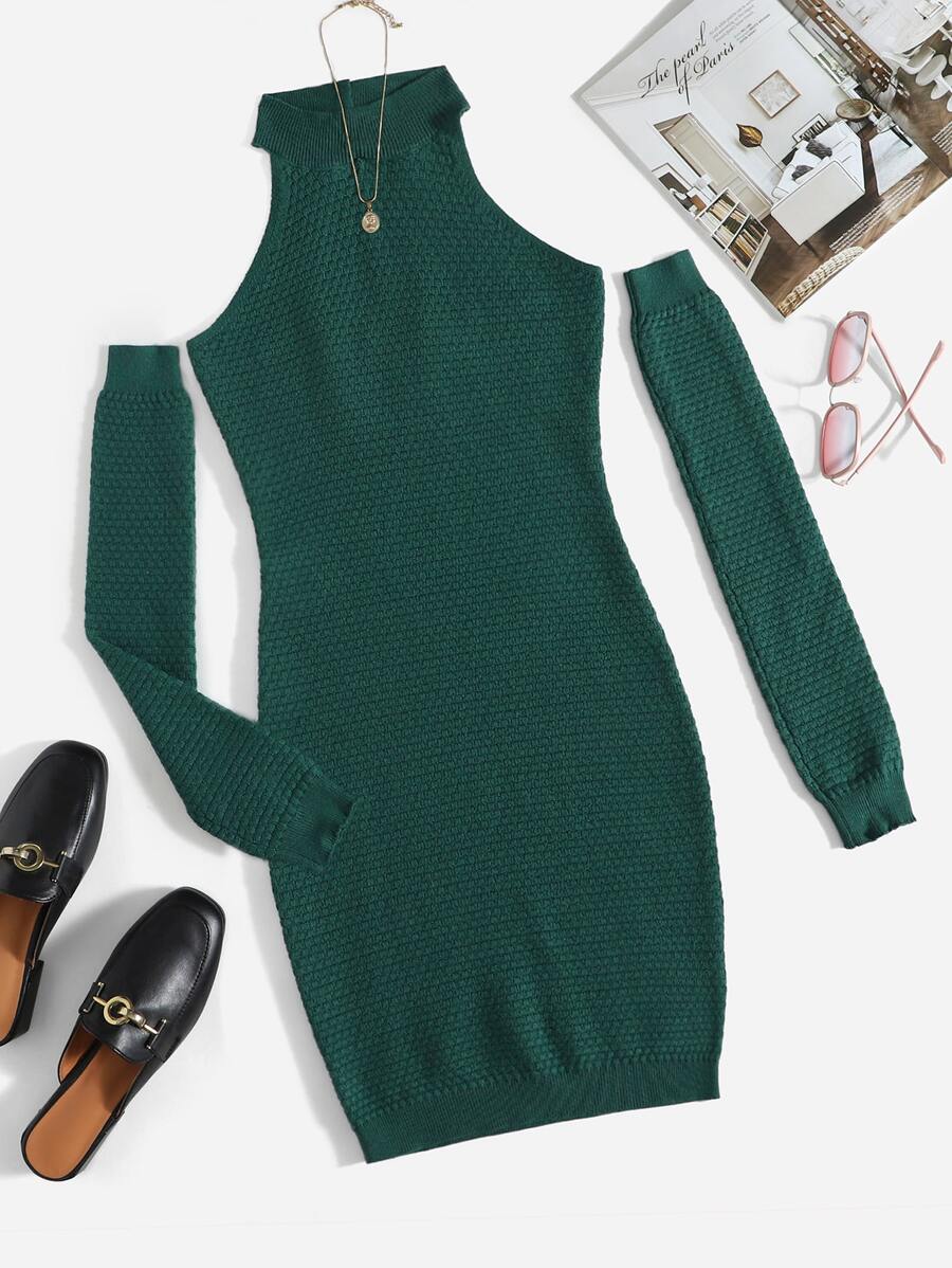SHEIN Unity Backless Halter Jumper Dress With Arm Sleeve - Dark Green - View 1