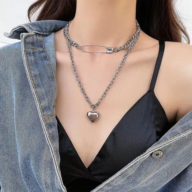 

2pcs Heart Decor Chain Necklace, Silver