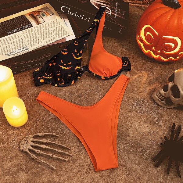 

Halloween Print One Shoulder Underwire Bikini Swimsuit, Multicolor