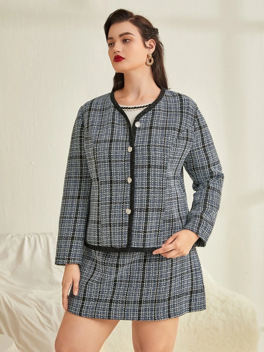 SHEIN Unity Abrigo de cuadros unido en contraste tweed - Multicolor - Ver 1