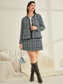 SHEIN Unity Abrigo de cuadros unido en contraste tweed - Multicolor - Ver 3