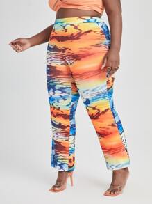 Plus High Waist Graphic Print Colour Block Trousers - Multicolor - View 1