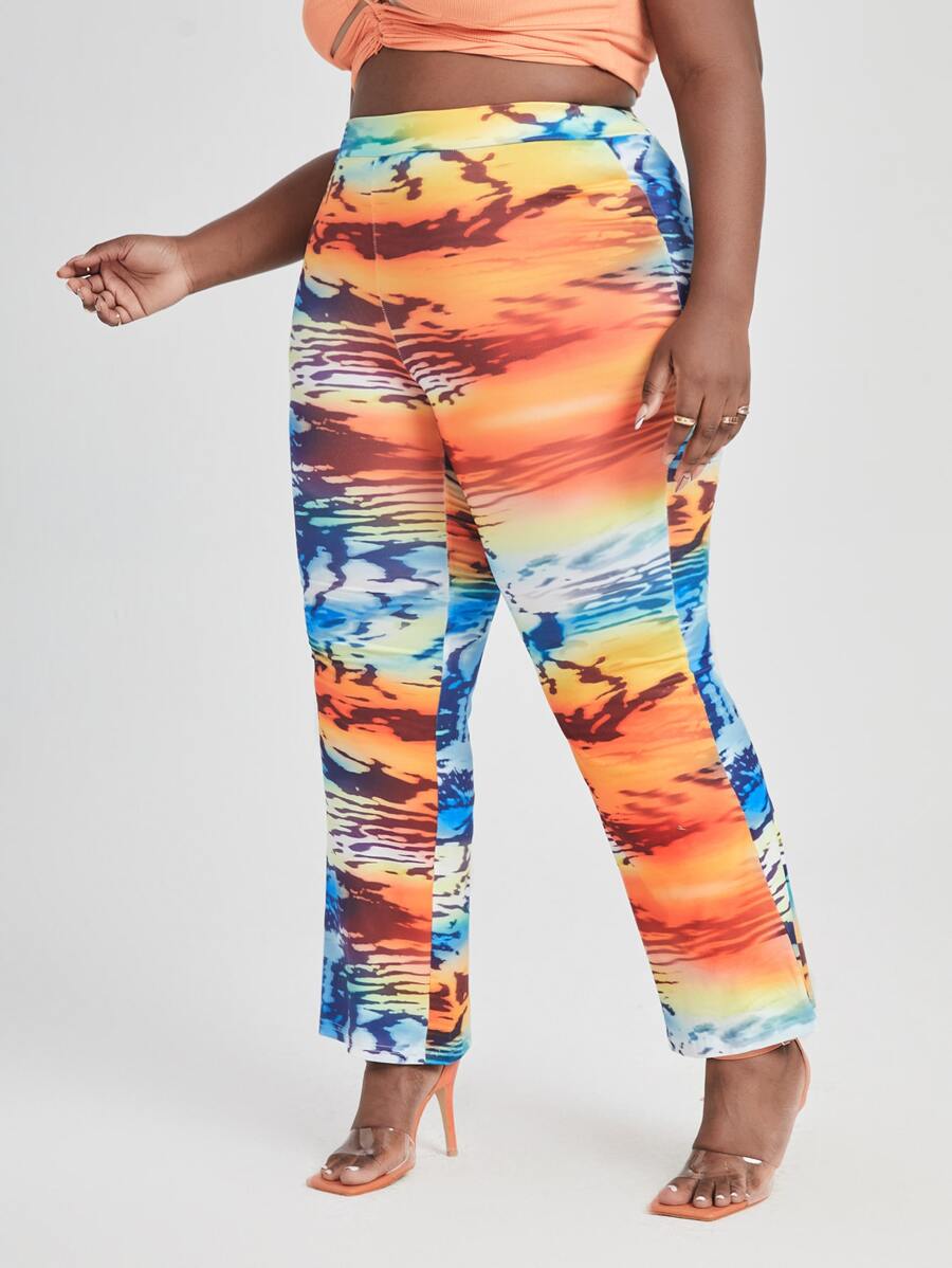 Plus High Waist Graphic Print Colour Block Trousers - Multicolor - View 1