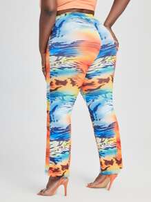 Plus High Waist Graphic Print Colour Block Trousers - Multicolor - View 2