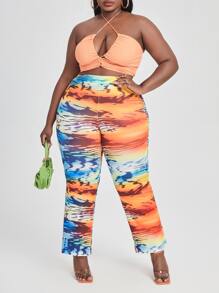Plus High Waist Graphic Print Colour Block Trousers - Multicolor - View 3