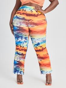 Plus High Waist Graphic Print Colour Block Trousers - Multicolor - View 4