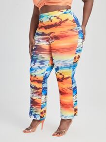 Plus High Waist Graphic Print Colour Block Trousers - Multicolor - View 5