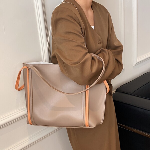 

Large Capacity Shoulder Tote Bag With Inner Pouch, Khaki