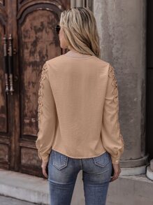 SHEIN LUNE Lace Detail V Neck Blouse - Khaki - View 2