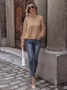 SHEIN LUNE Lace Detail V Neck Blouse - Khaki - View 3
