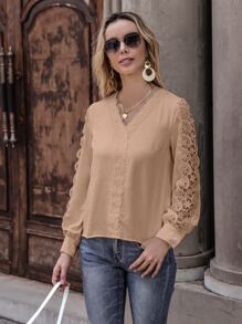 SHEIN LUNE Lace Detail V Neck Blouse - Khaki - View 4