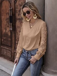 SHEIN LUNE Lace Detail V Neck Blouse - Khaki - View 5