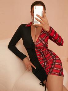 SHEIN SXY Contrast Plaid Two Tone Bodycon Dress - Multicolor - View 3