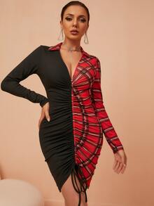 SHEIN SXY Contrast Plaid Two Tone Bodycon Dress - Multicolor - View 4